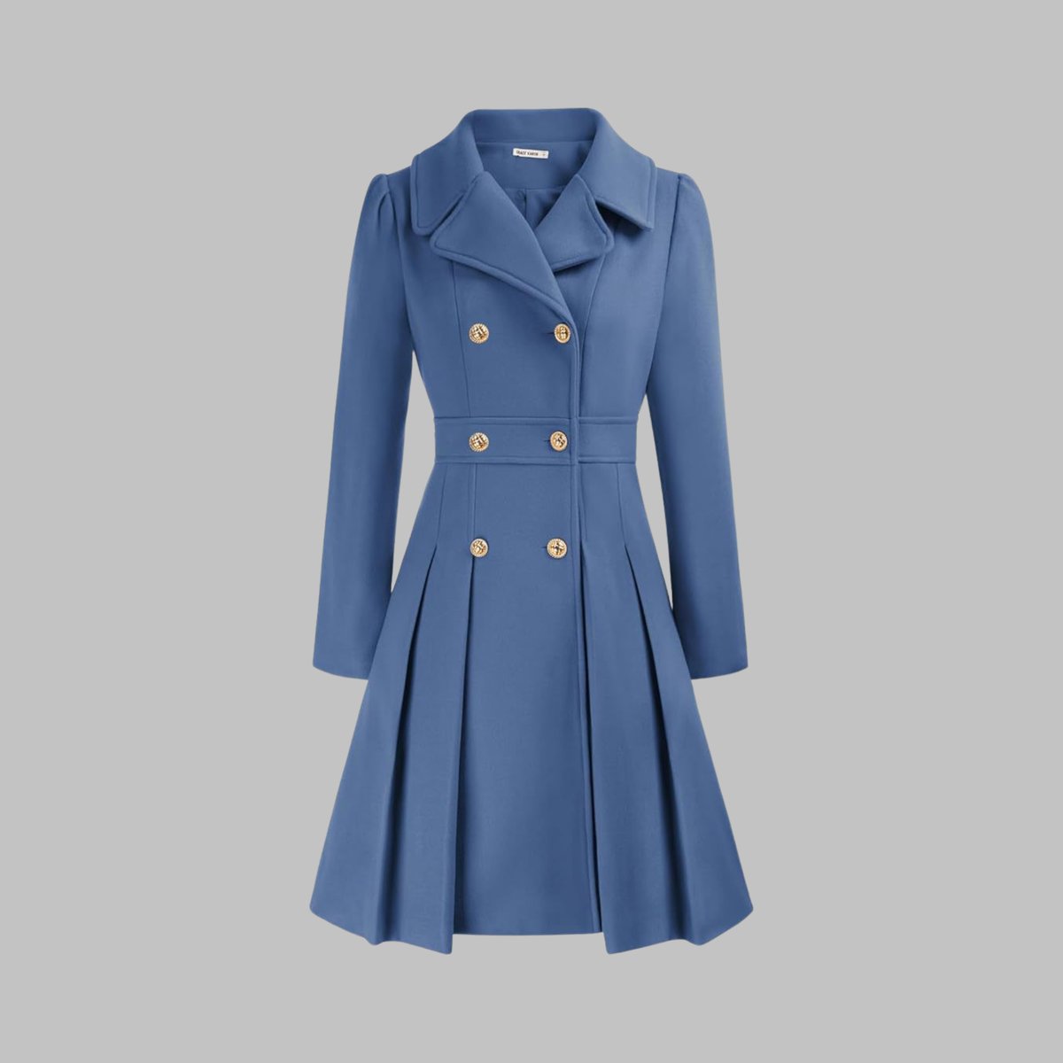 Women's A-Line Overcoat Pleated Hem Double Breasted Buttons – Grey Blue
