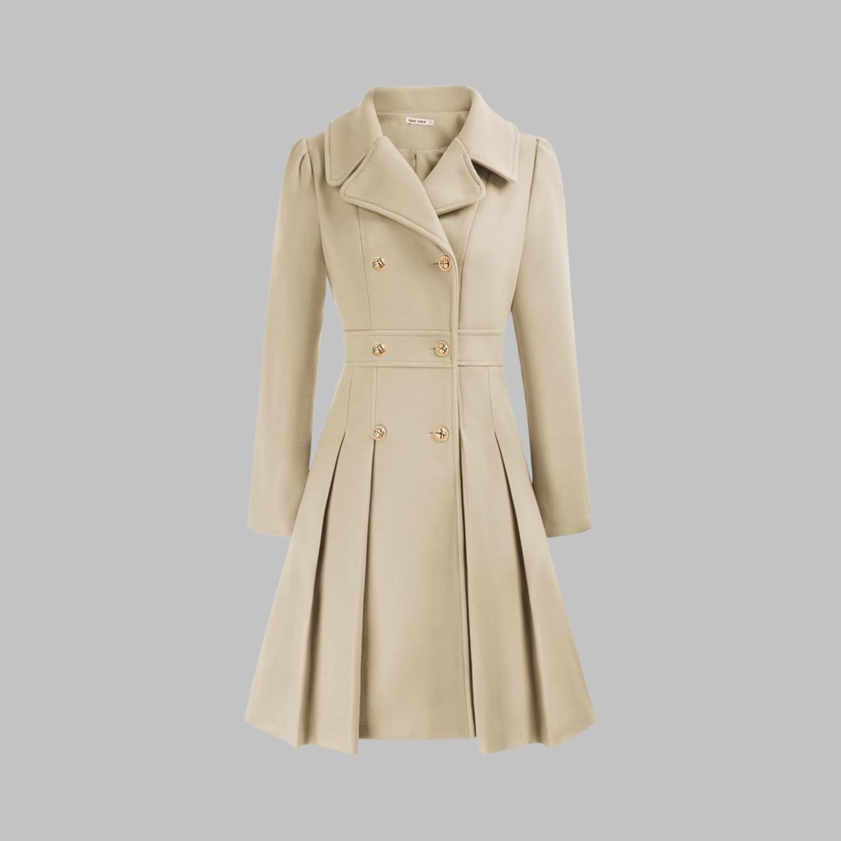 Women's A-Line Overcoat Pleated Hem Double Breasted Buttons – Beige