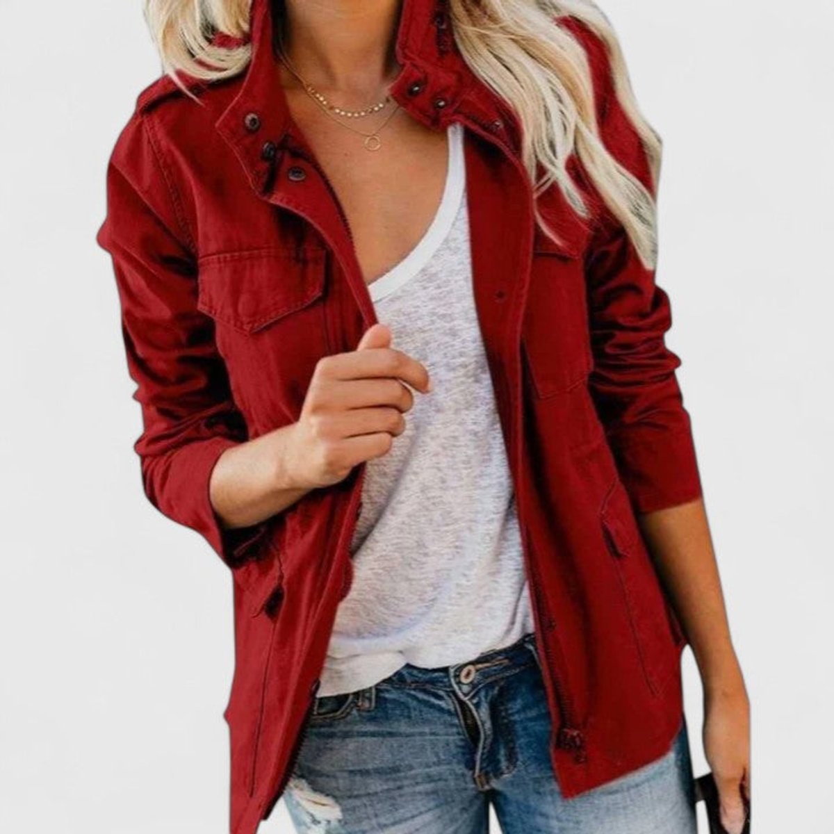 Women's Utility Jacket with Drawstring Waist and Chest Pockets – Red
