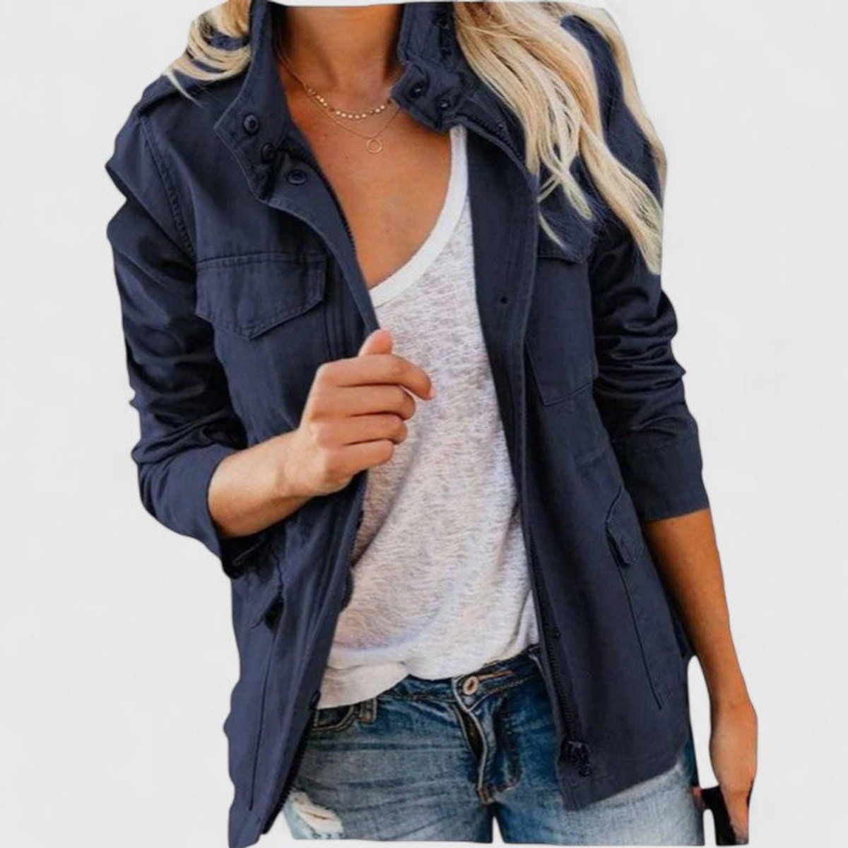 Women's Utility Jacket with Drawstring Waist and Chest Pockets – Navy Blue