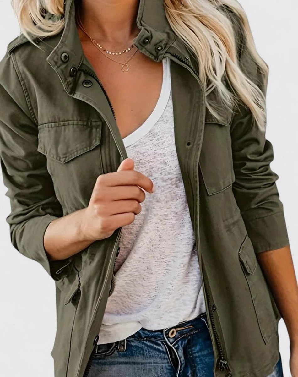 Women's Utility Jacket with Drawstring Waist and Chest Pockets – Green