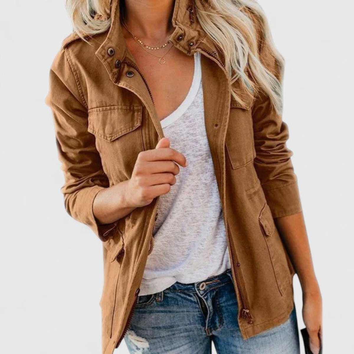 Women's Utility Jacket with Drawstring Waist and Chest Pockets – Khaki