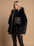 Women's Oversized Hooded Puffer Coat with Faux Fur Panels – Black