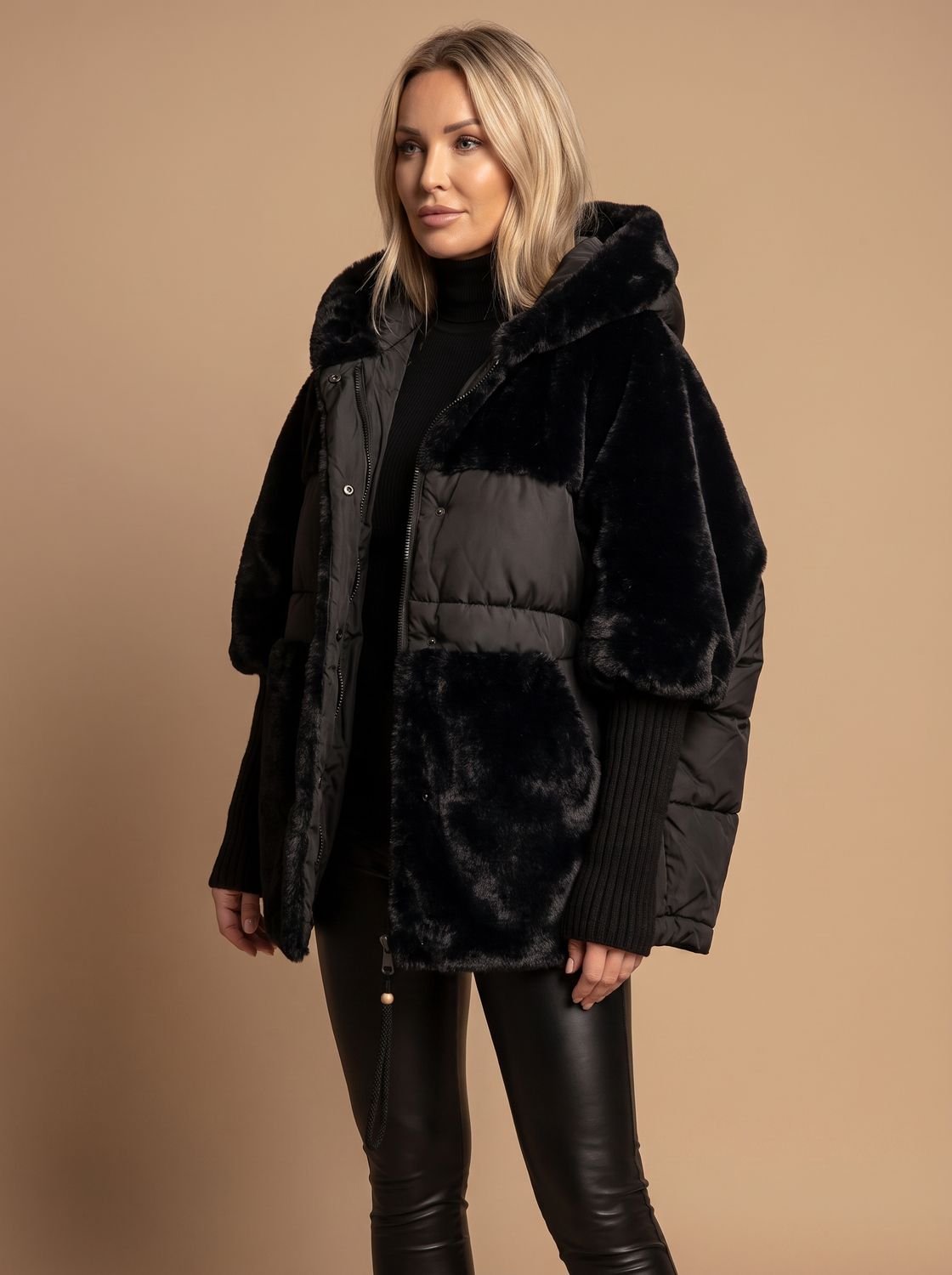 Women's Oversized Hooded Puffer Coat with Faux Fur Panels – Black