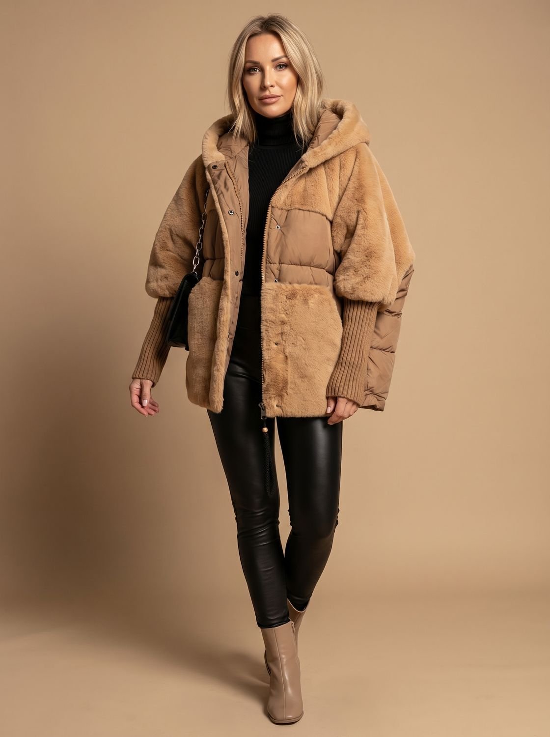 Women's Oversized Hooded Puffer Coat with Faux Fur Panels – Dark Khaki