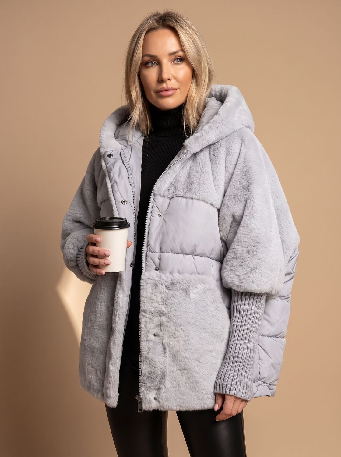 Women's Oversized Hooded Puffer Coat with Faux Fur Panels – Grey