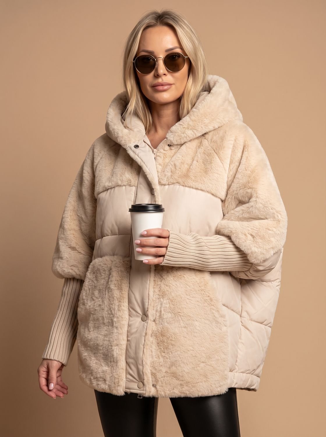 Women's Oversized Hooded Puffer Coat with Faux Fur Panels – Beige