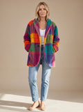 Women's Bright Check Fleece Coat with Notched Lapels - Rainbow