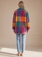 Women's Bright Check Fleece Coat with Notched Lapels