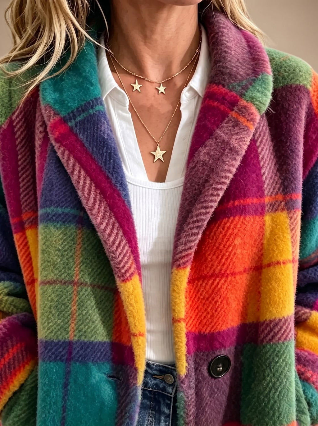 Women's Bright Check Fleece Coat with Notched Lapels