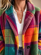 Women's Bright Check Fleece Coat with Notched Lapels