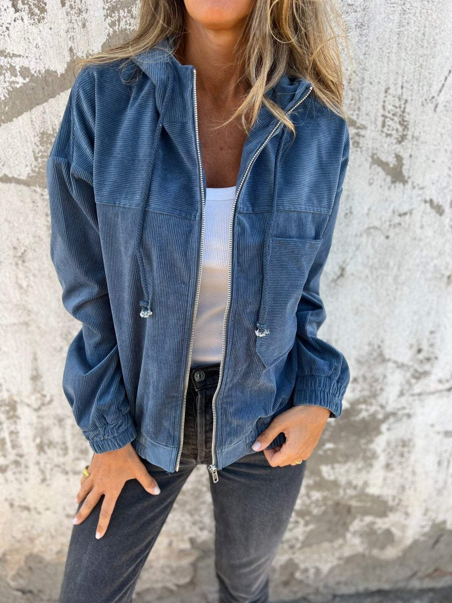 Women's Oversized Quilted Corduroy Jacket with Drawstring Hood – Blue