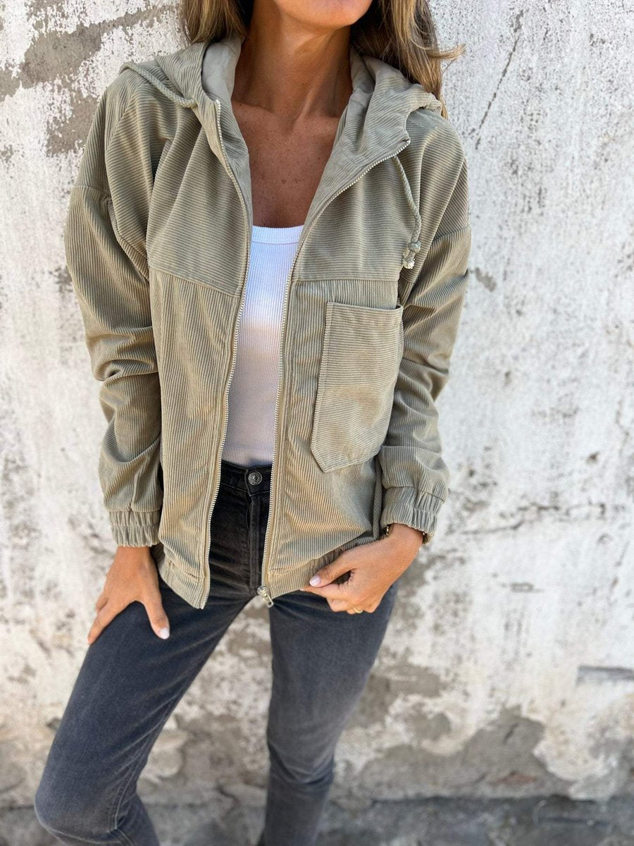 Women's Oversized Quilted Corduroy Jacket with Drawstring Hood – Green