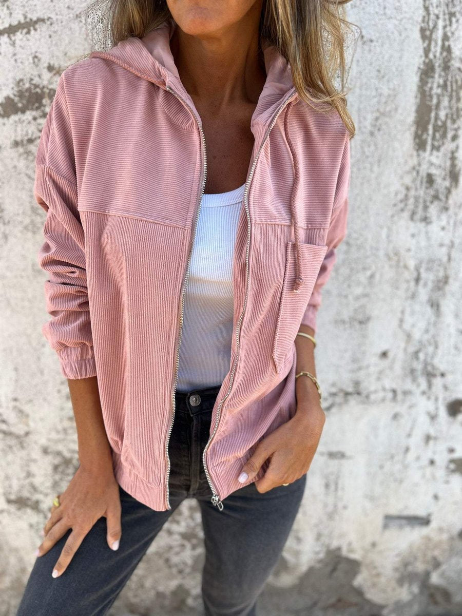 Women's Oversized Quilted Corduroy Jacket with Drawstring Hood – Pink