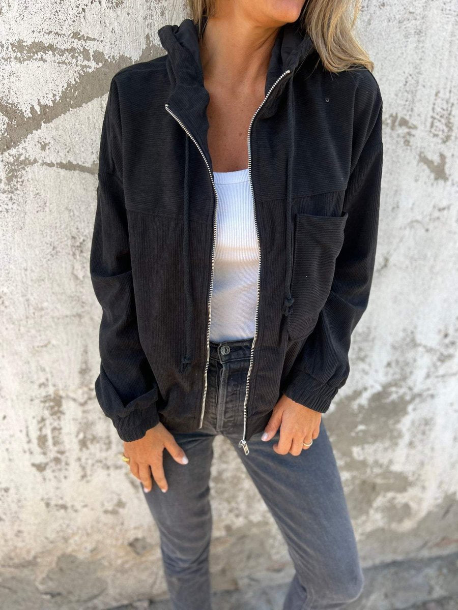 Women's Oversized Quilted Corduroy Jacket with Drawstring Hood – Black
