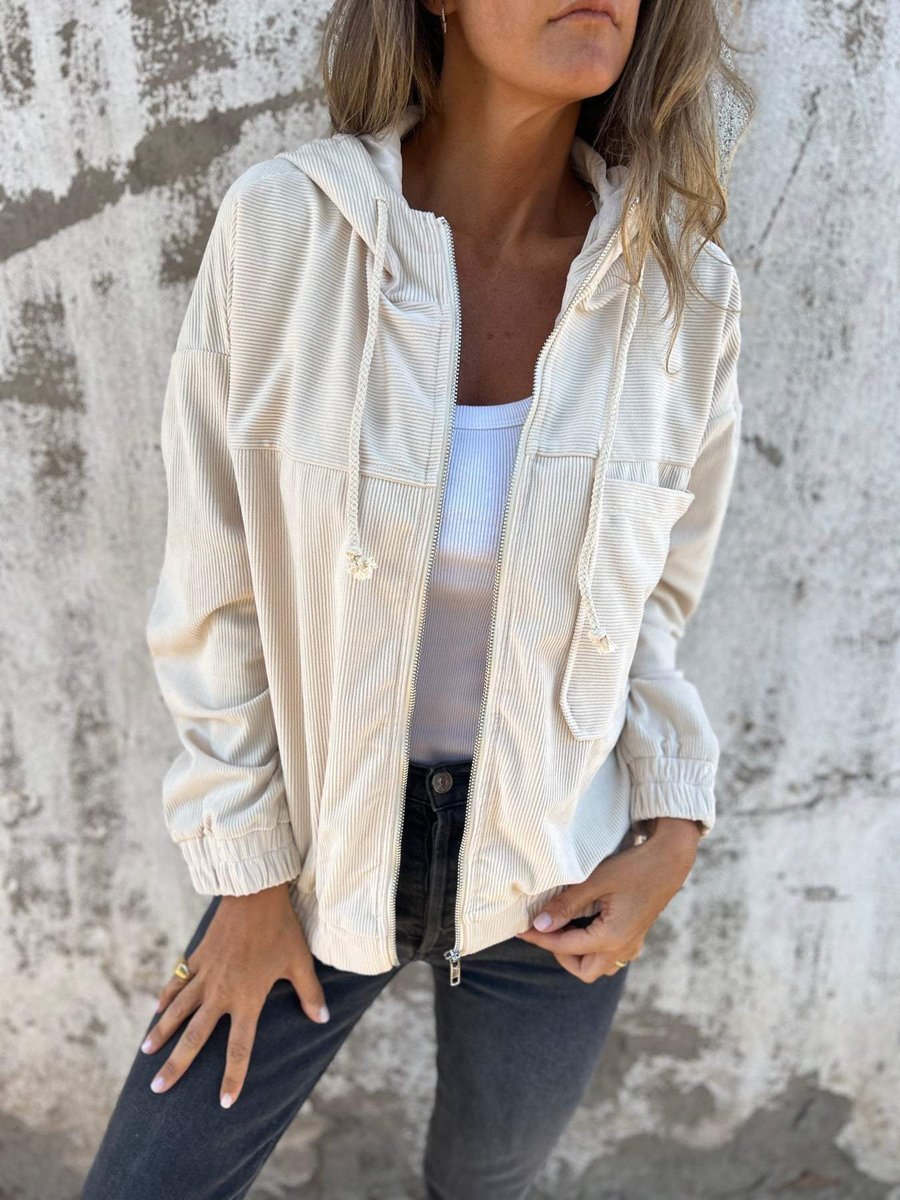 Women's Oversized Quilted Corduroy Jacket with Drawstring Hood – White