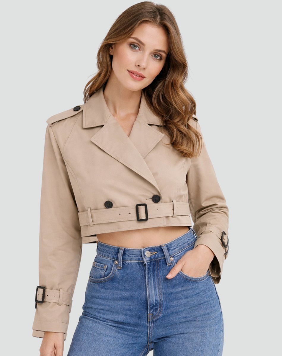 Women's Belted Cropped Trench Jacket with Notched Lapels – Khaki