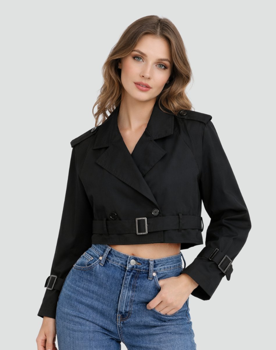 Women's Belted Cropped Trench Jacket with Notched Lapels