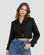 Women's Belted Cropped Trench Jacket with Notched Lapels