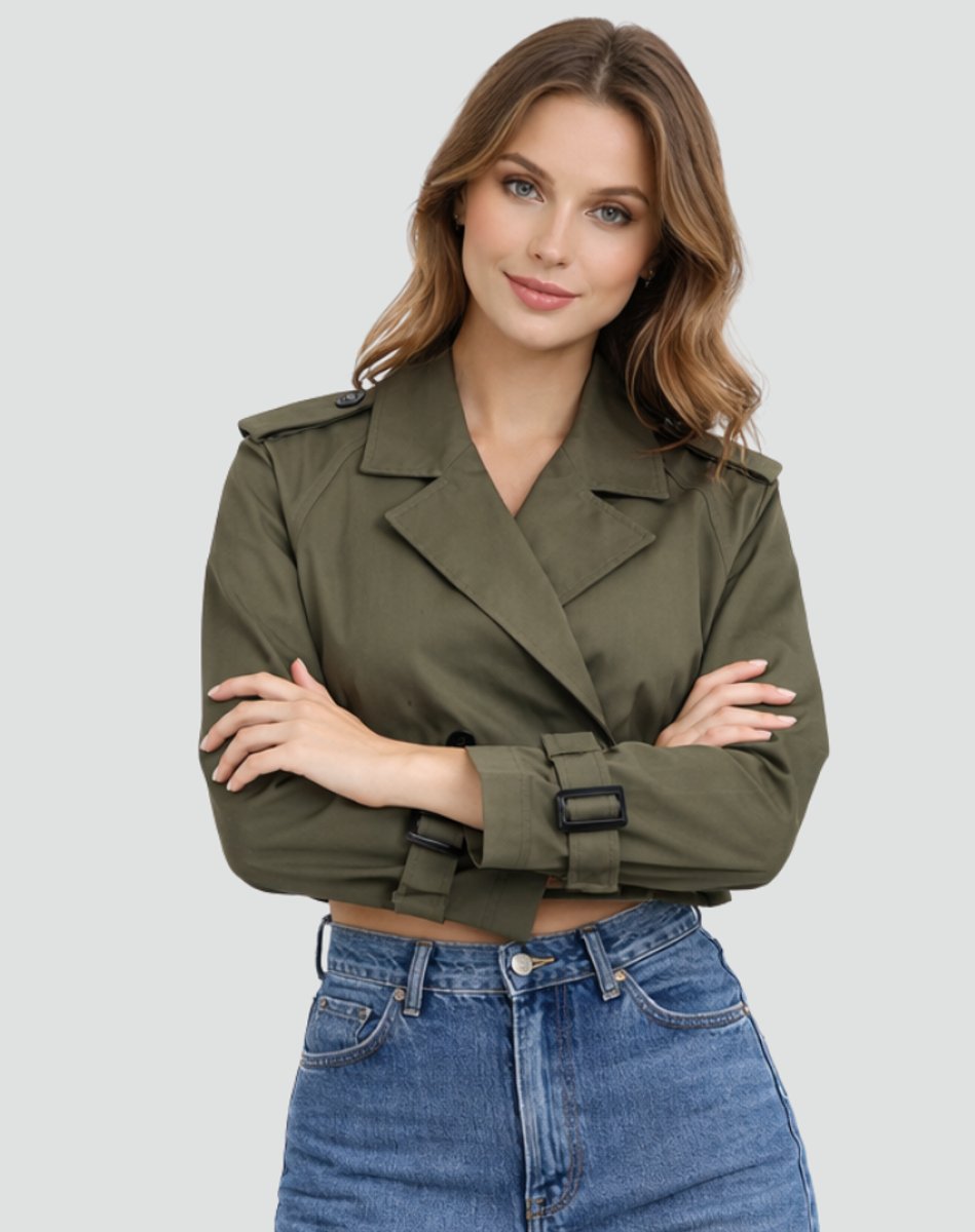 Women's Belted Cropped Trench Jacket with Notched Lapels – Army Green