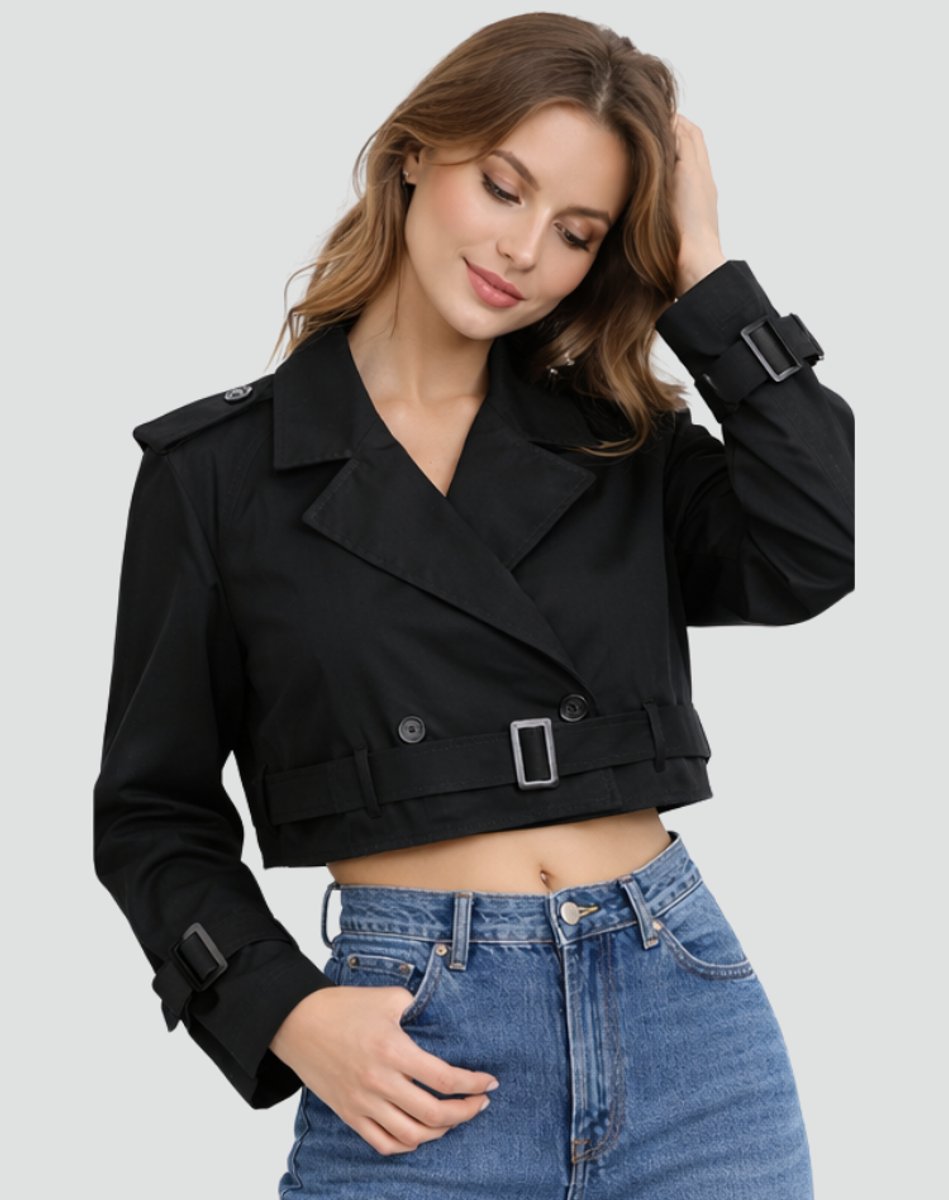 Women's Belted Cropped Trench Jacket with Notched Lapels – Black