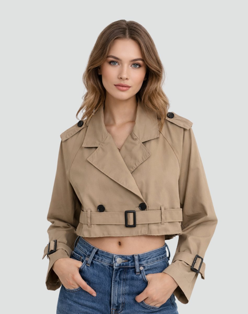 Women's Belted Cropped Trench Jacket with Notched Lapels – Brown