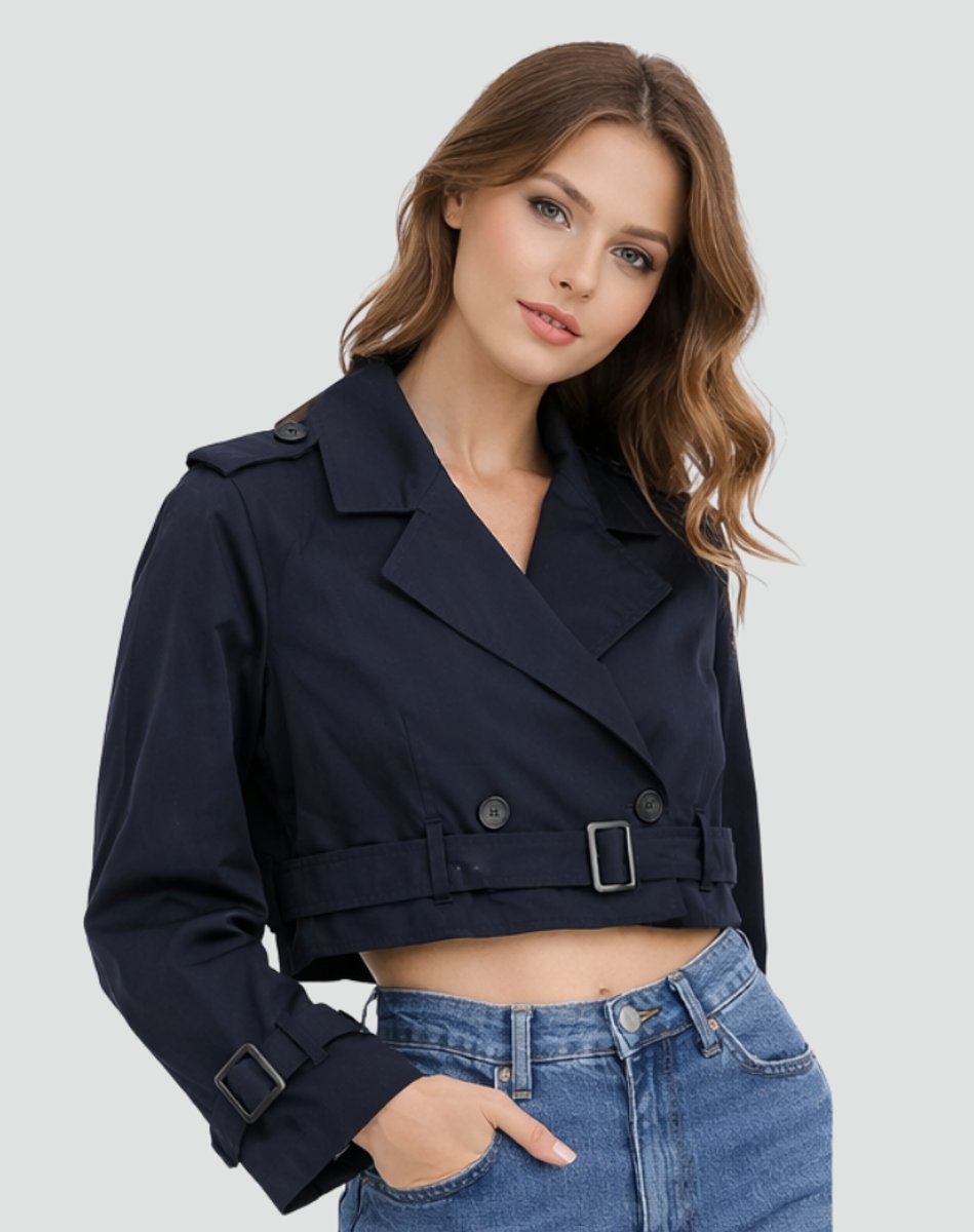 Women's Belted Cropped Trench Jacket with Notched Lapels – Navy Blue