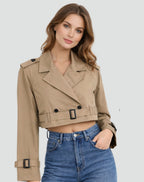 Women's Belted Cropped Trench Jacket with Notched Lapels