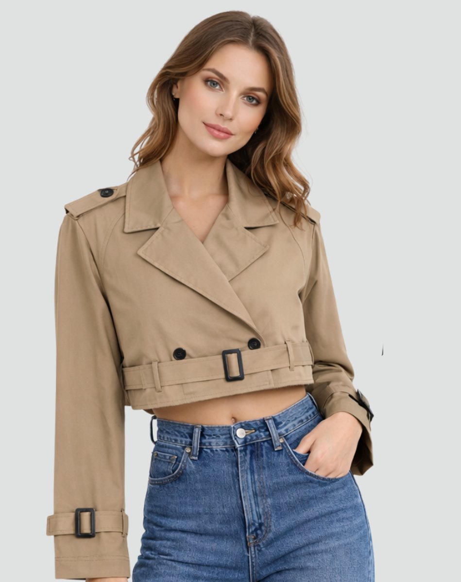 Women's Belted Cropped Trench Jacket with Notched Lapels