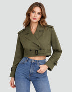 Women's Belted Cropped Trench Jacket with Notched Lapels