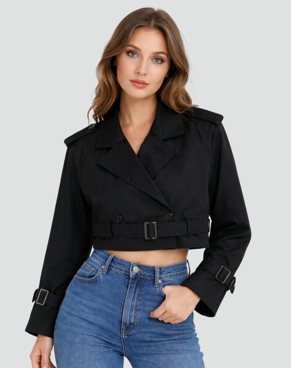 Women's Belted Cropped Trench Jacket with Notched Lapels