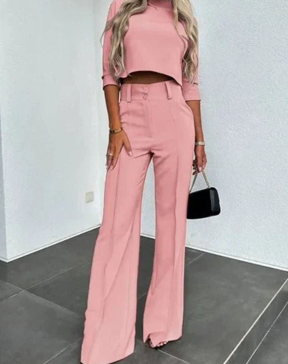 Women's Tailored Mock-Neck Crop Top and Wide-Leg Trousers Co-ord – Pink