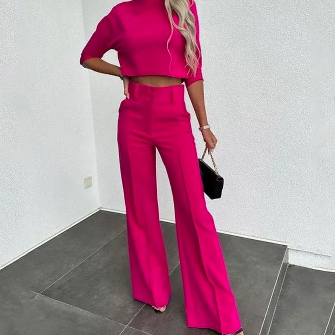 Women's Tailored Mock-Neck Crop Top and Wide-Leg Trousers Co-ord – Dark Pink