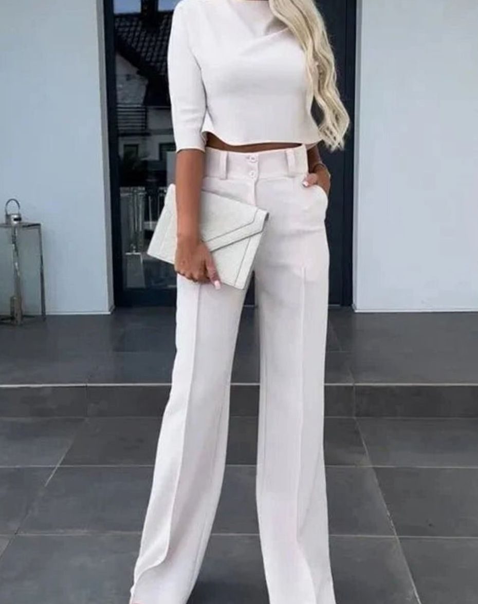 Women's Tailored Mock-Neck Crop Top and Wide-Leg Trousers Co-ord – White