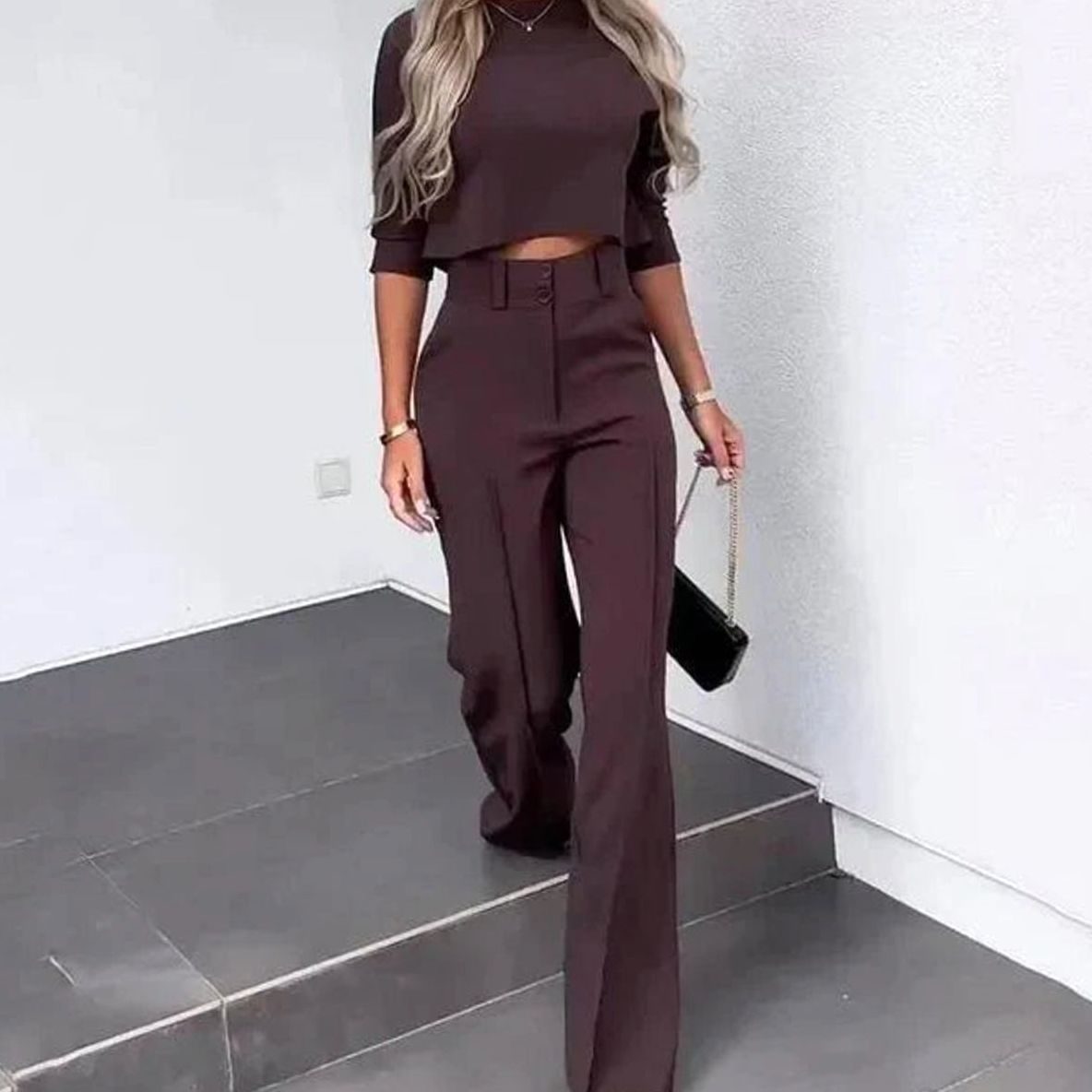 Women's Tailored Mock-Neck Crop Top and Wide-Leg Trousers Co-ord – Brown