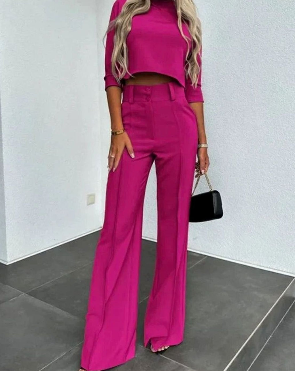 Women's Tailored Mock-Neck Crop Top and Wide-Leg Trousers Co-ord