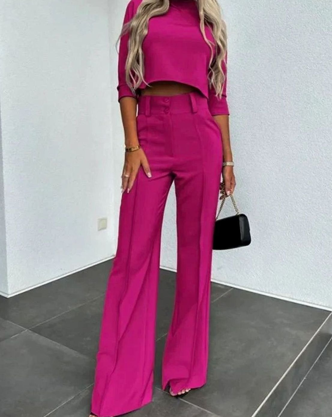 Women's Tailored Mock-Neck Crop Top and Wide-Leg Trousers Co-ord
