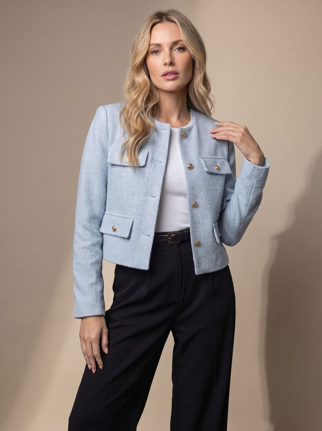 Women's Round Neck Tweed Jacket with Gold Buttons - Light Blue