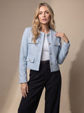 Women's Round Neck Tweed Jacket with Gold Buttons - Light Blue