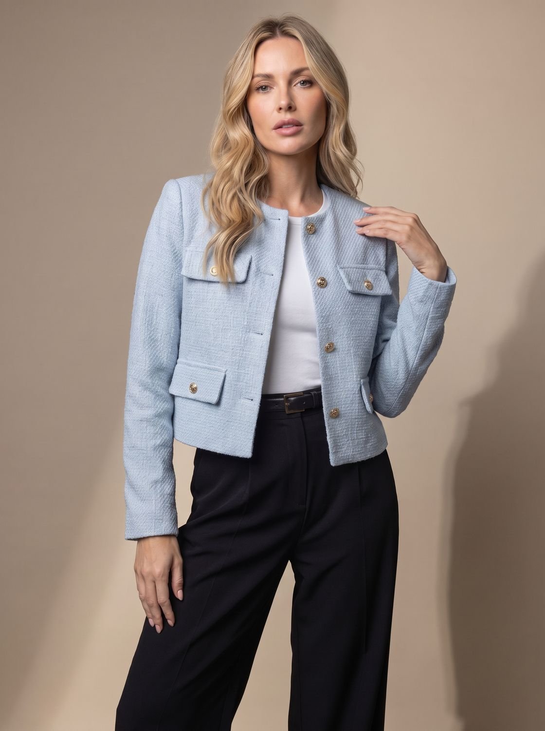 Women's Round Neck Tweed Jacket with Gold Buttons - Light Blue
