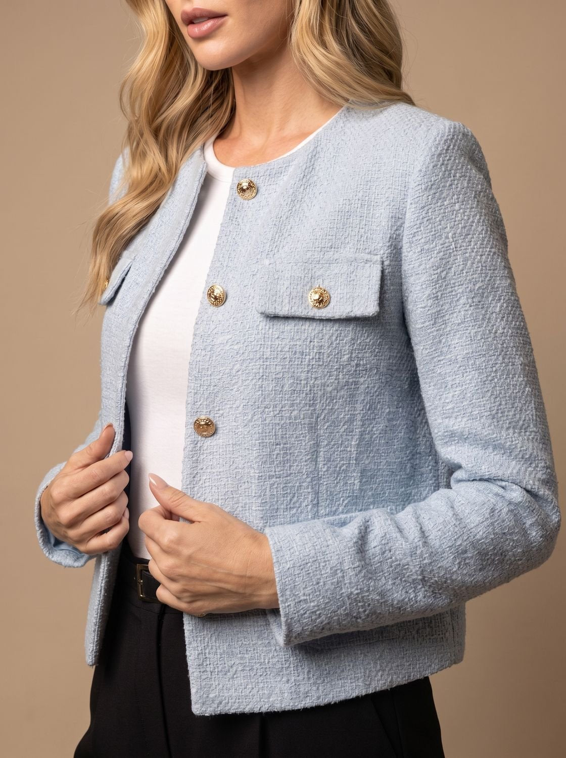 Women's Round Neck Tweed Jacket with Gold Buttons