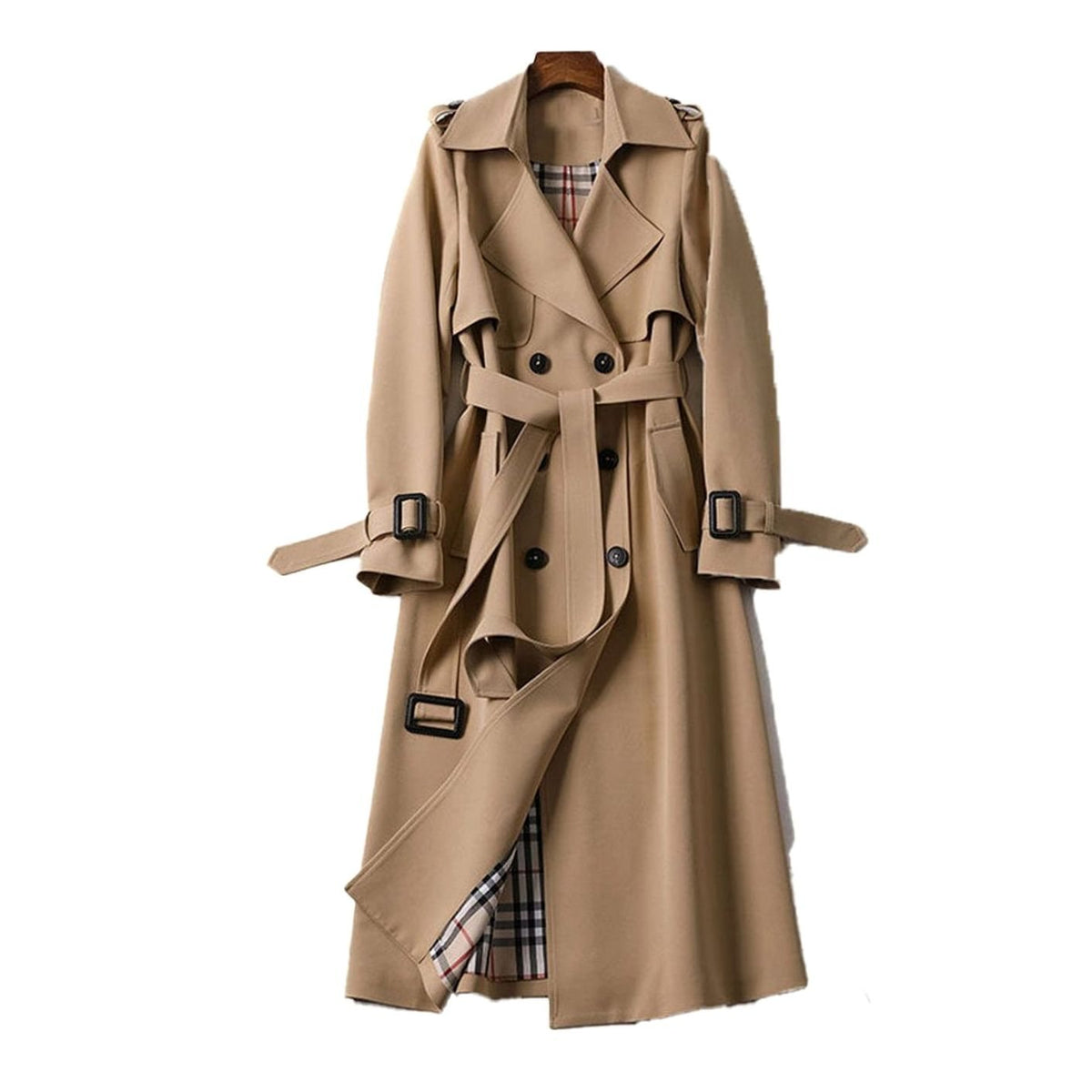 Women's Plaid-Lined Longline Trench Coat with Buckled Cuffs – Beige