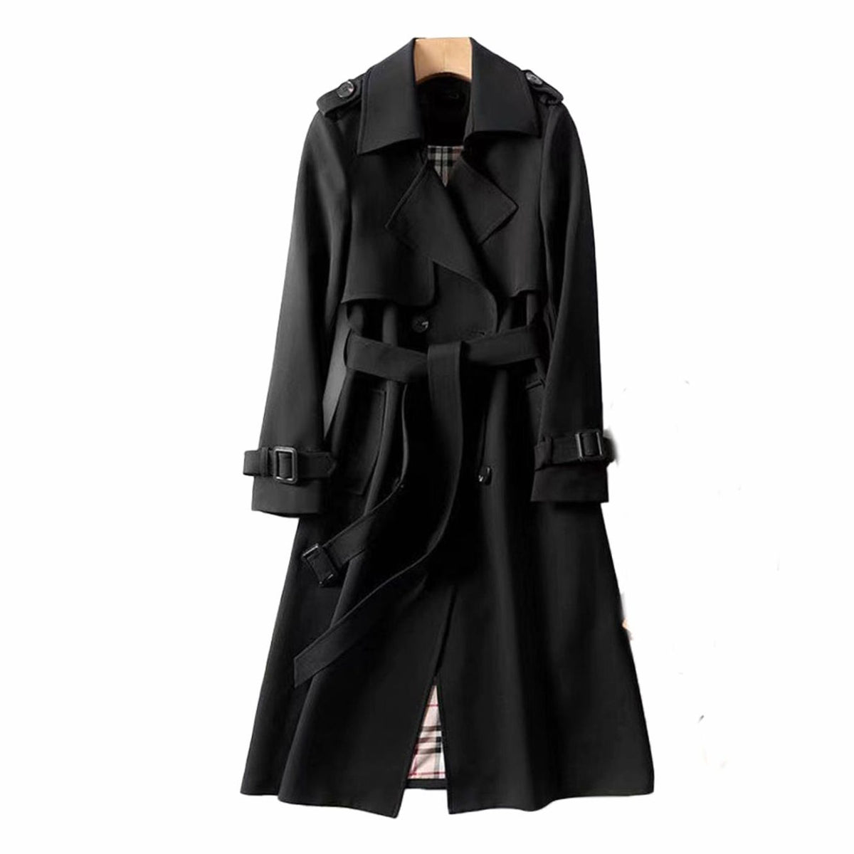 Women's Plaid-Lined Longline Trench Coat with Buckled Cuffs – Black