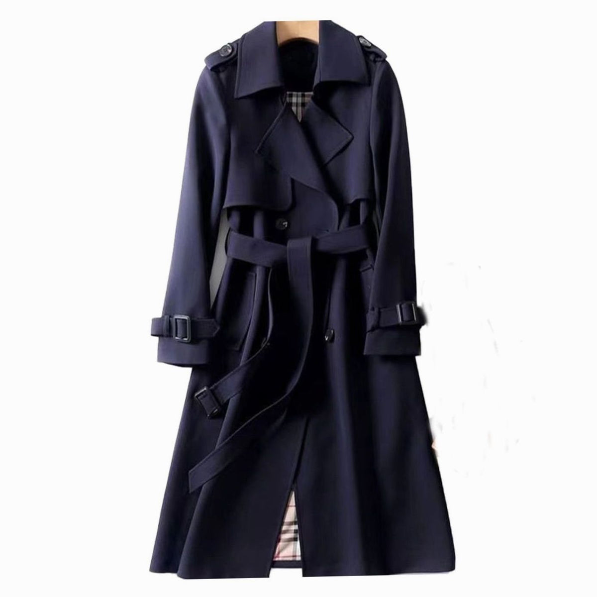 Women's Plaid-Lined Longline Trench Coat with Buckled Cuffs – Navy