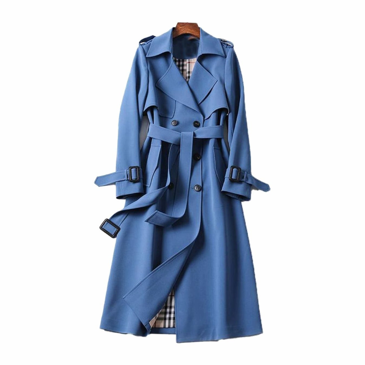 Women's Plaid-Lined Longline Trench Coat with Buckled Cuffs – Blue