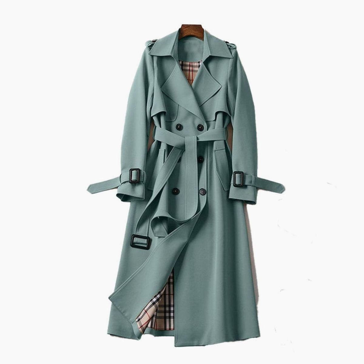 Women's Plaid-Lined Longline Trench Coat with Buckled Cuffs – Green