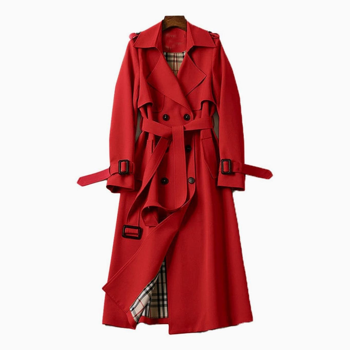 Women's Plaid-Lined Longline Trench Coat with Buckled Cuffs – Red