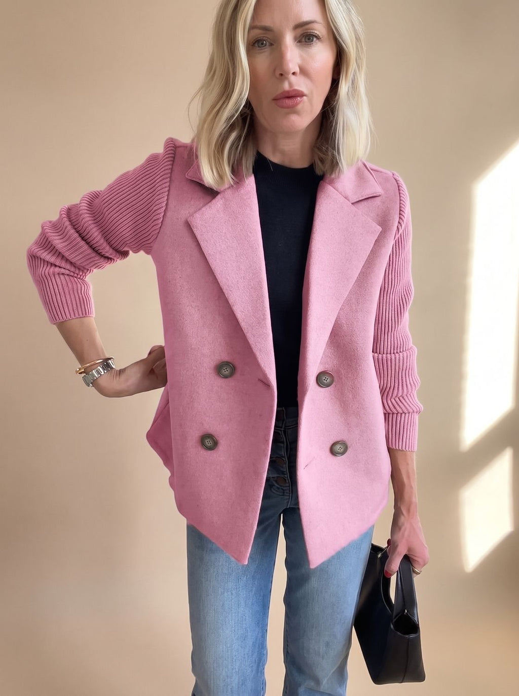 Women's Rib-Knit Sleeve Tailored Blazer - Pink