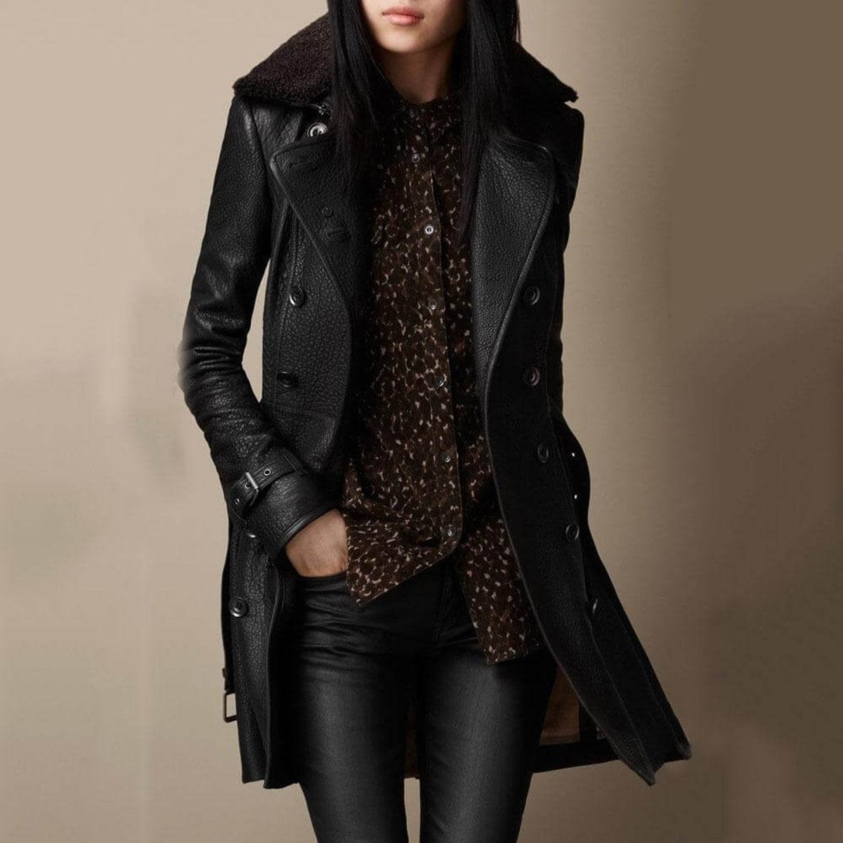 Women's Shearling Collar Pebbled Leather Trench Coat – Black