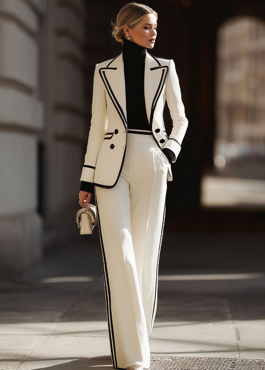 Women's Double-Breasted Blazer and High-Waisted Wide-Leg Trousers – White